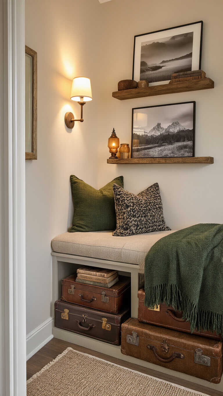 Cozy bedroom corner at dusk with warm lighting, reading bench with storage, vintage suitcase side table, layered textiles, and rustic framed landscape photos.