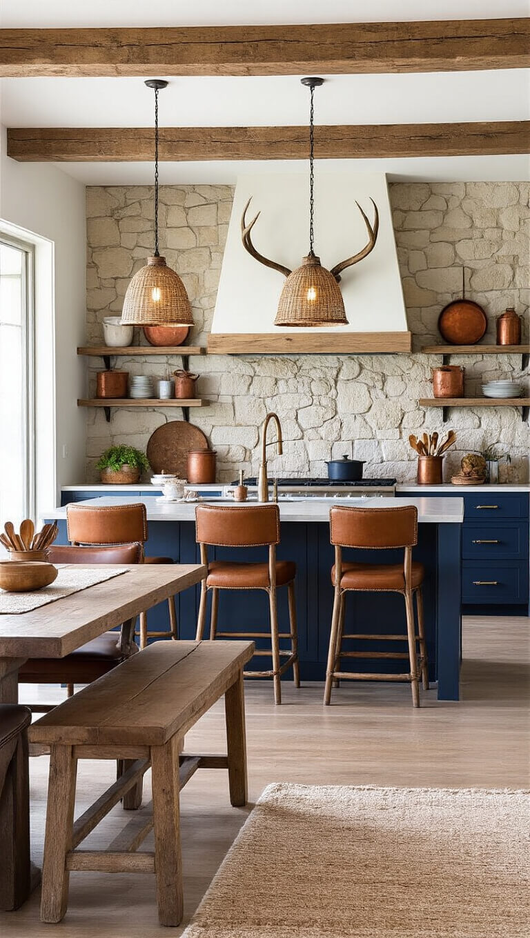 Kitchen-living room transition at blue hour with exposed beams, stone accent wall, industrial island, navy cabinets, and harvest table in foreground.