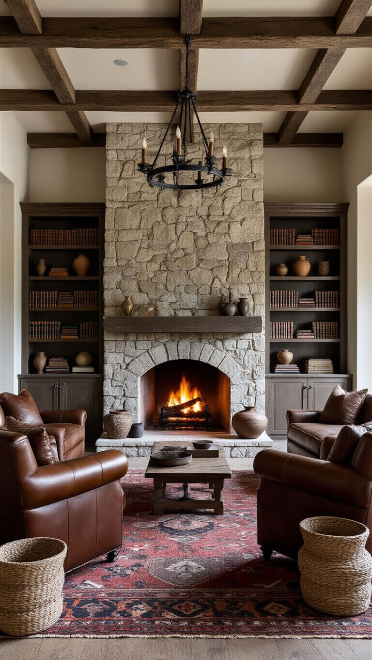 Twilight-lit stone fireplace with built-in bookcases, leather chairs on Kilim rug, and iron chandelier casting shadows on beamed ceiling.