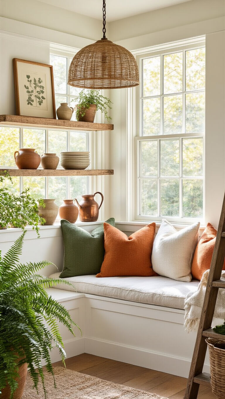 Cozy sunroom breakfast nook with linen cushions, wool pillows, reclaimed wood shelves, earthenware, and morning light highlighting vintage and natural details.