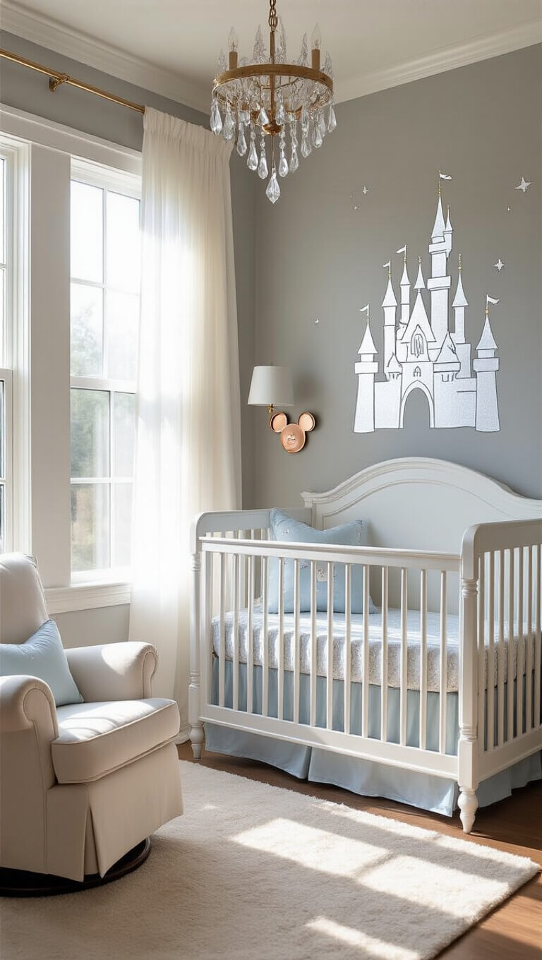 Sunlit nursery with gray walls, pearl Cinderella castle mural, white crib with blue Mickey bedding, ivory glider, and rose gold Mickey lamp.