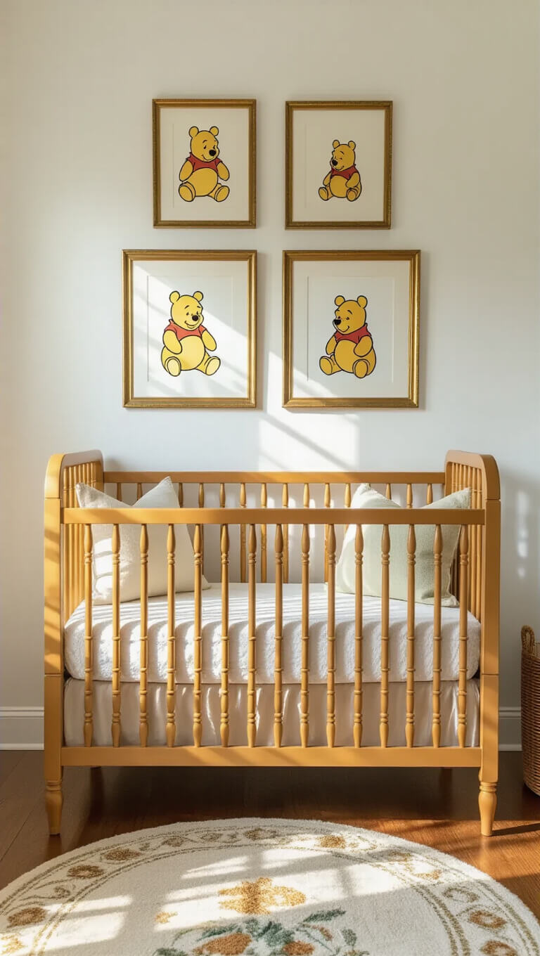 Cozy Disney nursery with honey-colored crib, vintage Winnie the Pooh prints, and golden hour light on warm white walls.