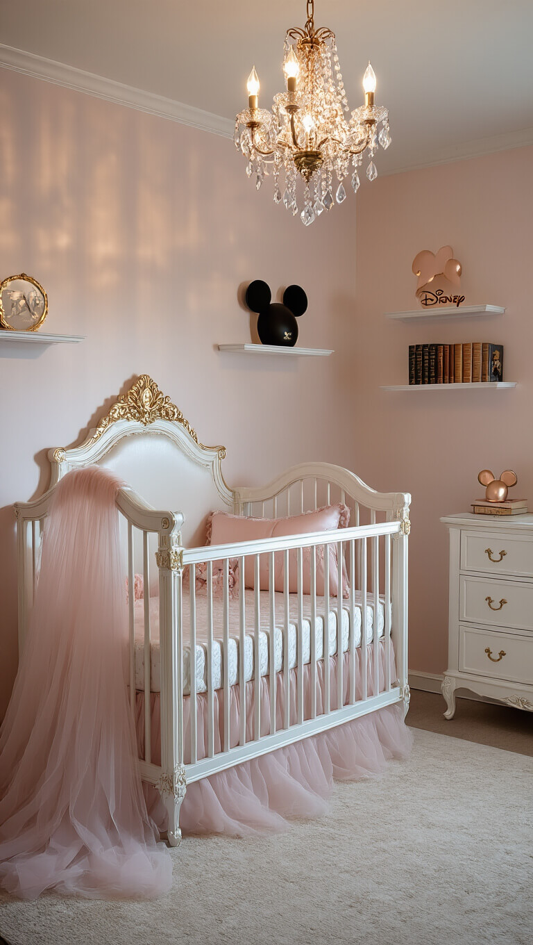 Low-angle view of a blush pink princess-themed nursery with white and gold furniture, ornate crib, crystal chandelier, and Disney decor at dusk.