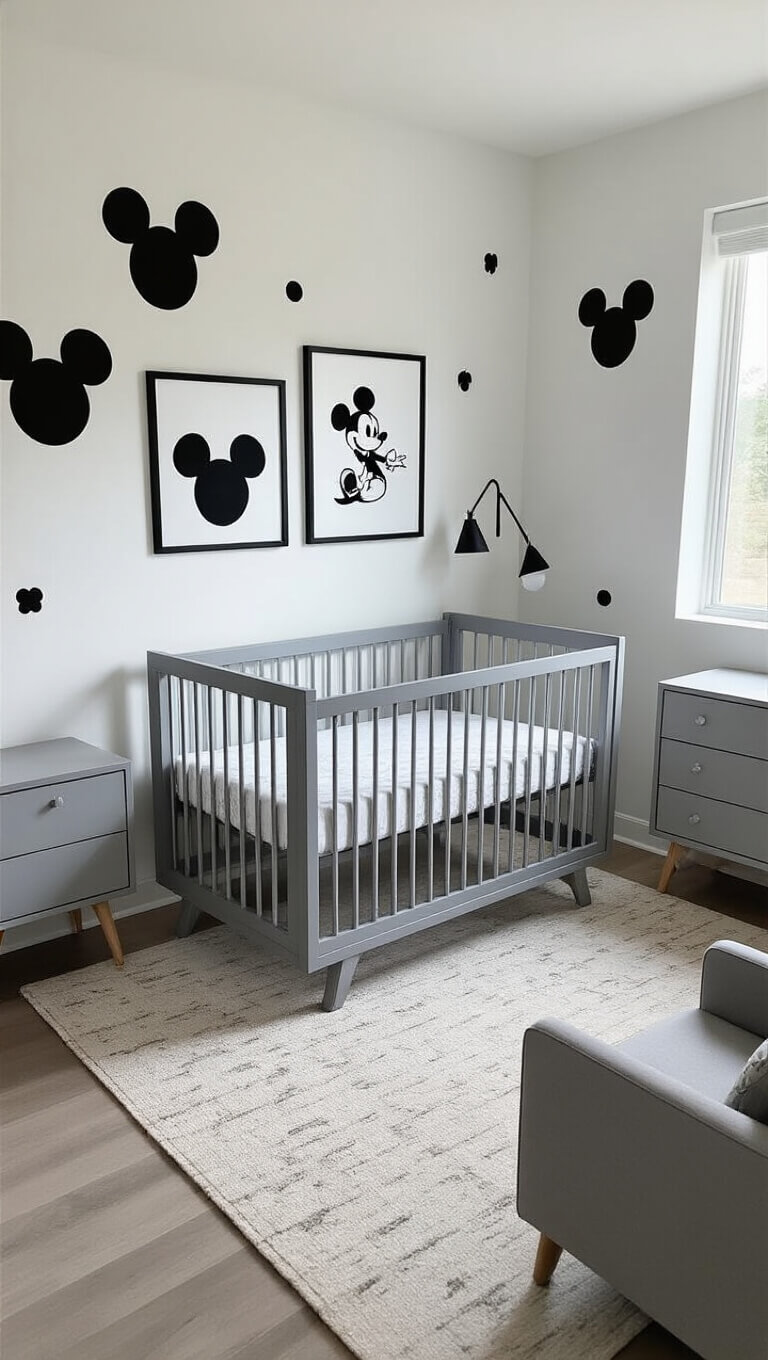 Bird's eye view of modern Disney nursery with gray crib, white walls with black Mickey decals, minimalist monochrome furniture, and abstract Disney art in black frames.