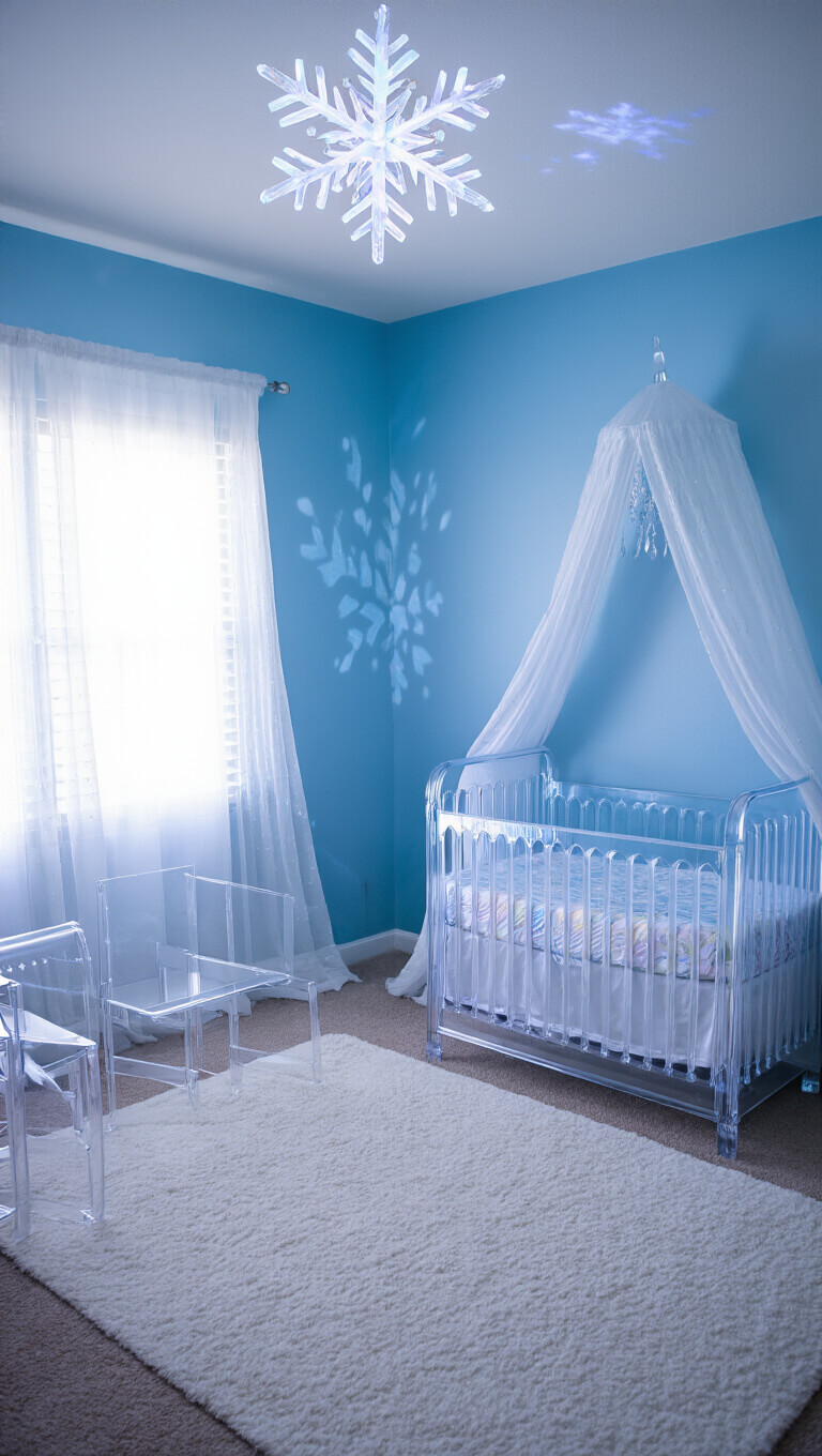 Frozen-themed nursery at twilight with ombré ice blue to white walls, snowflake projections, crystal-like acrylic crib, and sheer silver-threaded drapes.