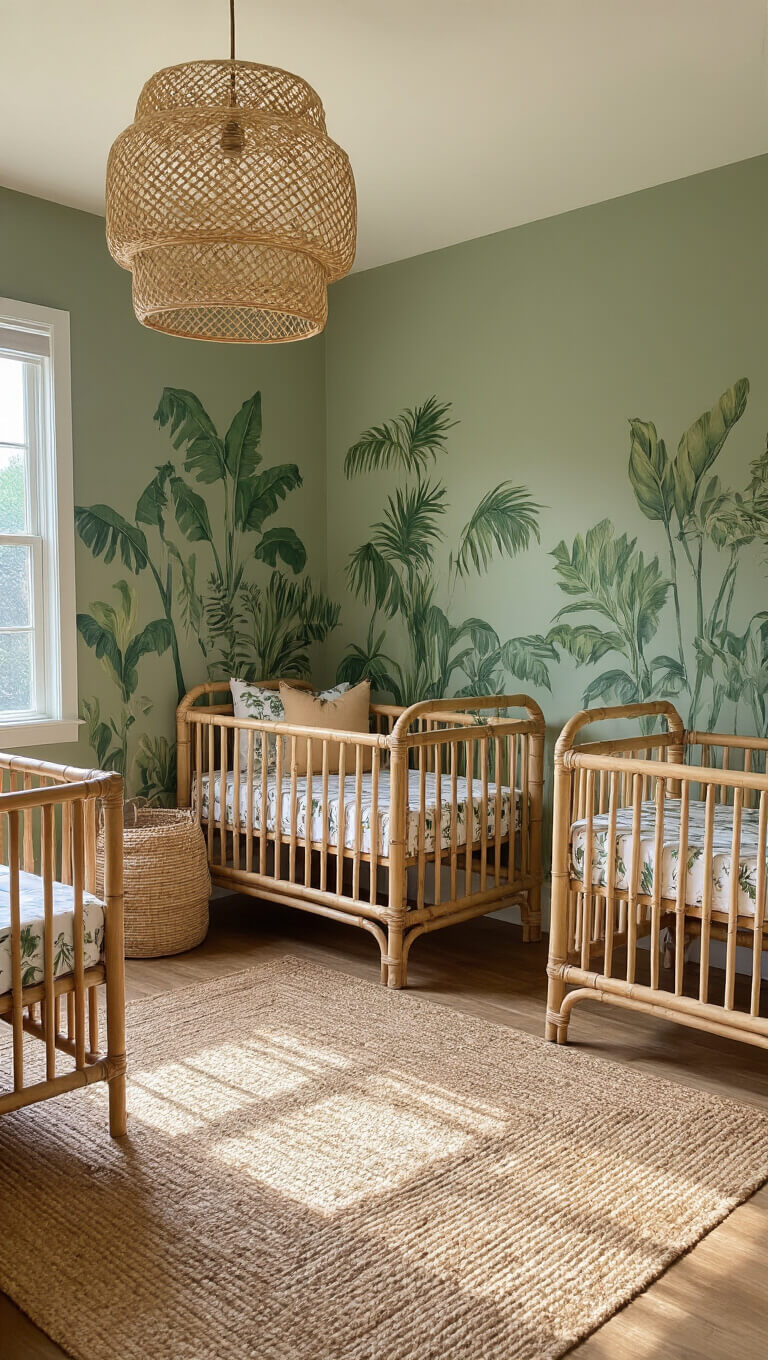 Wide-angle view of Jungle Book nursery with sage green walls, tropical leaf murals, bamboo furniture, and rattan pendant lamp.