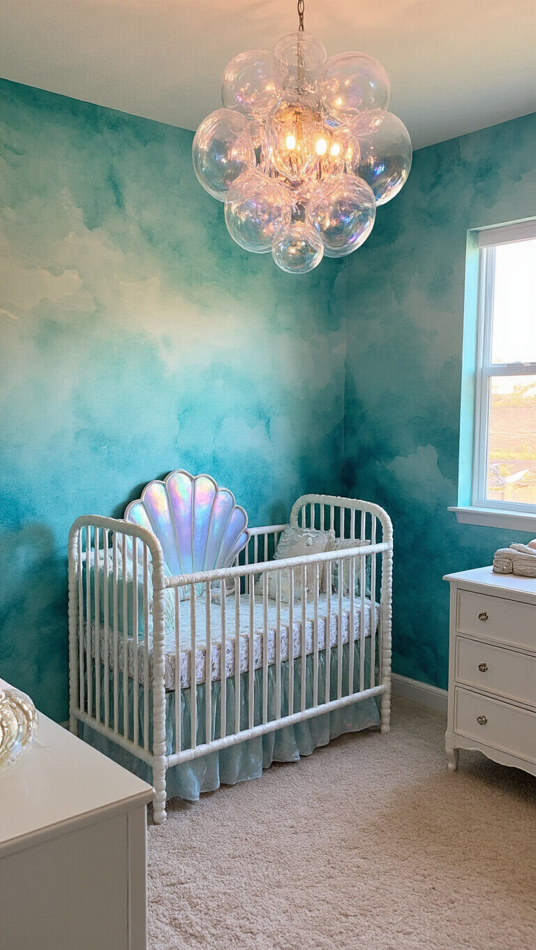 Corner view of Little Mermaid-themed nursery with seafoam to azure watercolor walls, shell-shaped crib, iridescent bedding, and glass bubble chandelier in sunset lighting.