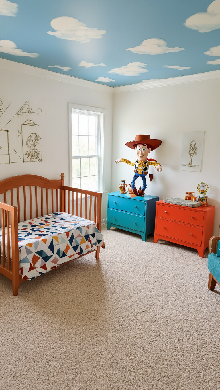 Toy Story-themed nursery with cloud-painted ceiling, white walls featuring vintage toy sketches, and colorful furniture including wooden crib with geometric bedding, captured in bright natural light.