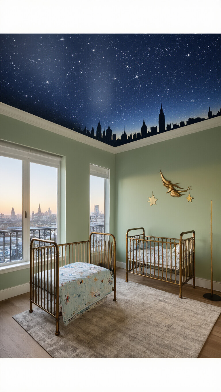 Peter Pan-themed nursery with bronze vintage crib, celestial bedding, and starry ceiling above sage walls at dawn.