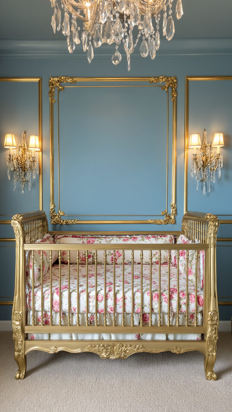 High-angle view of elegant Beauty & Beast-themed nursery with French blue walls, ornate vintage crib, rose bedding, and warm afternoon light.