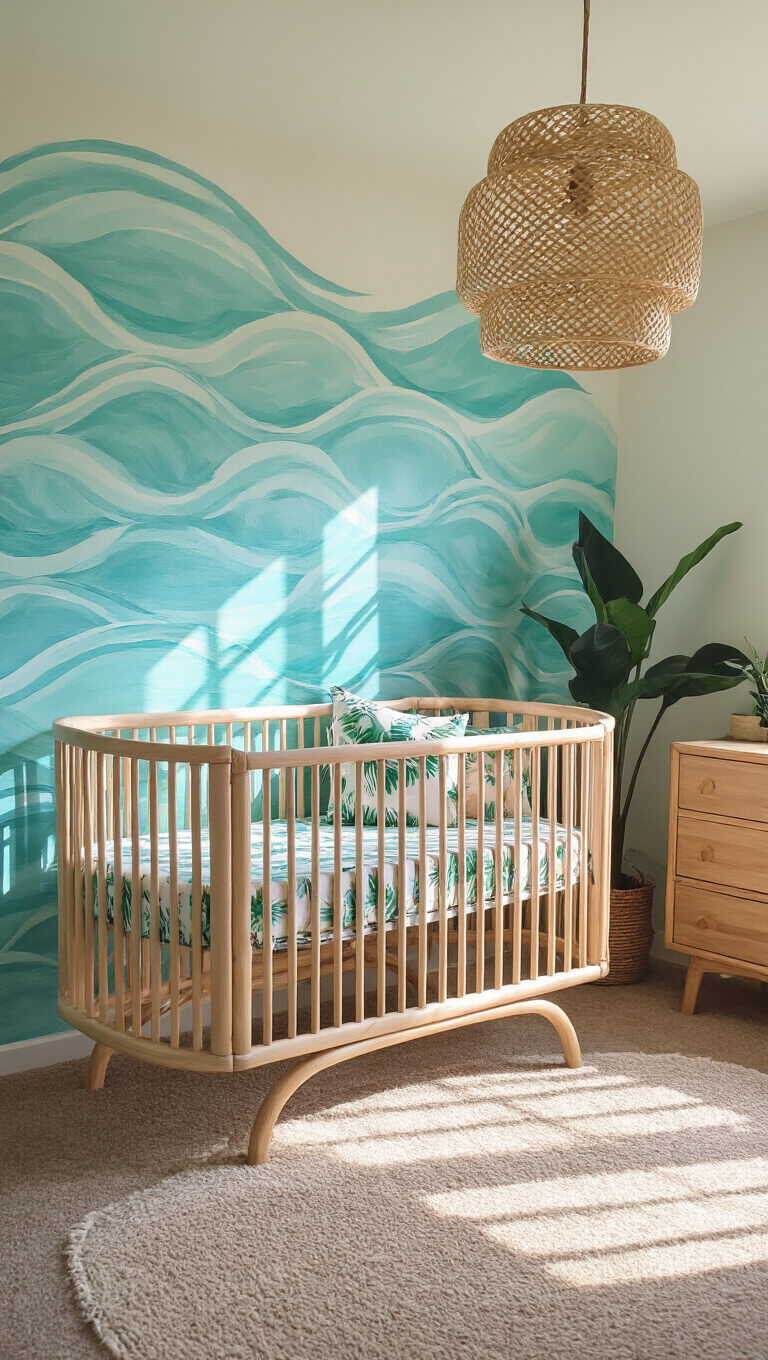 Wide shot of Moana-themed nursery with aqua wave walls, curved wood crib, tropical bedding, and woven pendant casting ocean-inspired shadows in bright natural light.