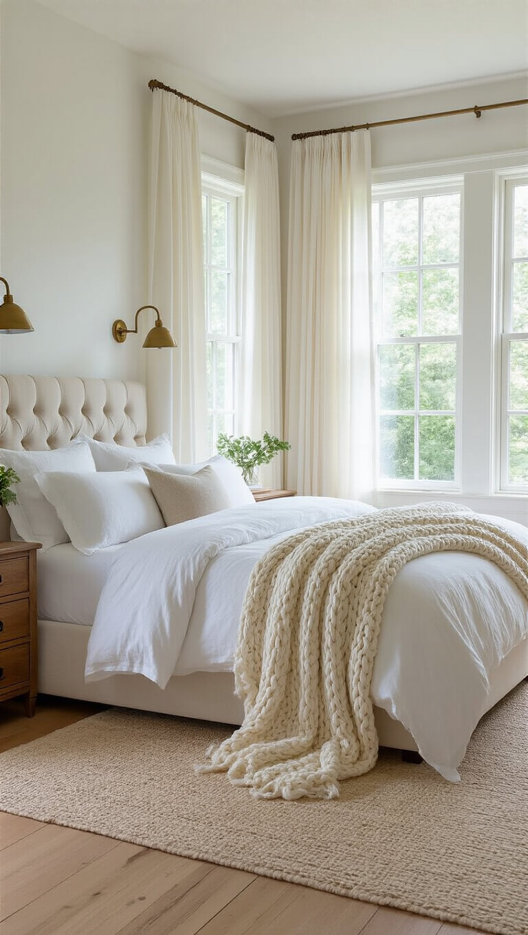Sunlit white bedroom with king-sized bed, white linens, cream knit throw, bay windows, brass sconces, vintage wood nightstands, and white oak flooring.