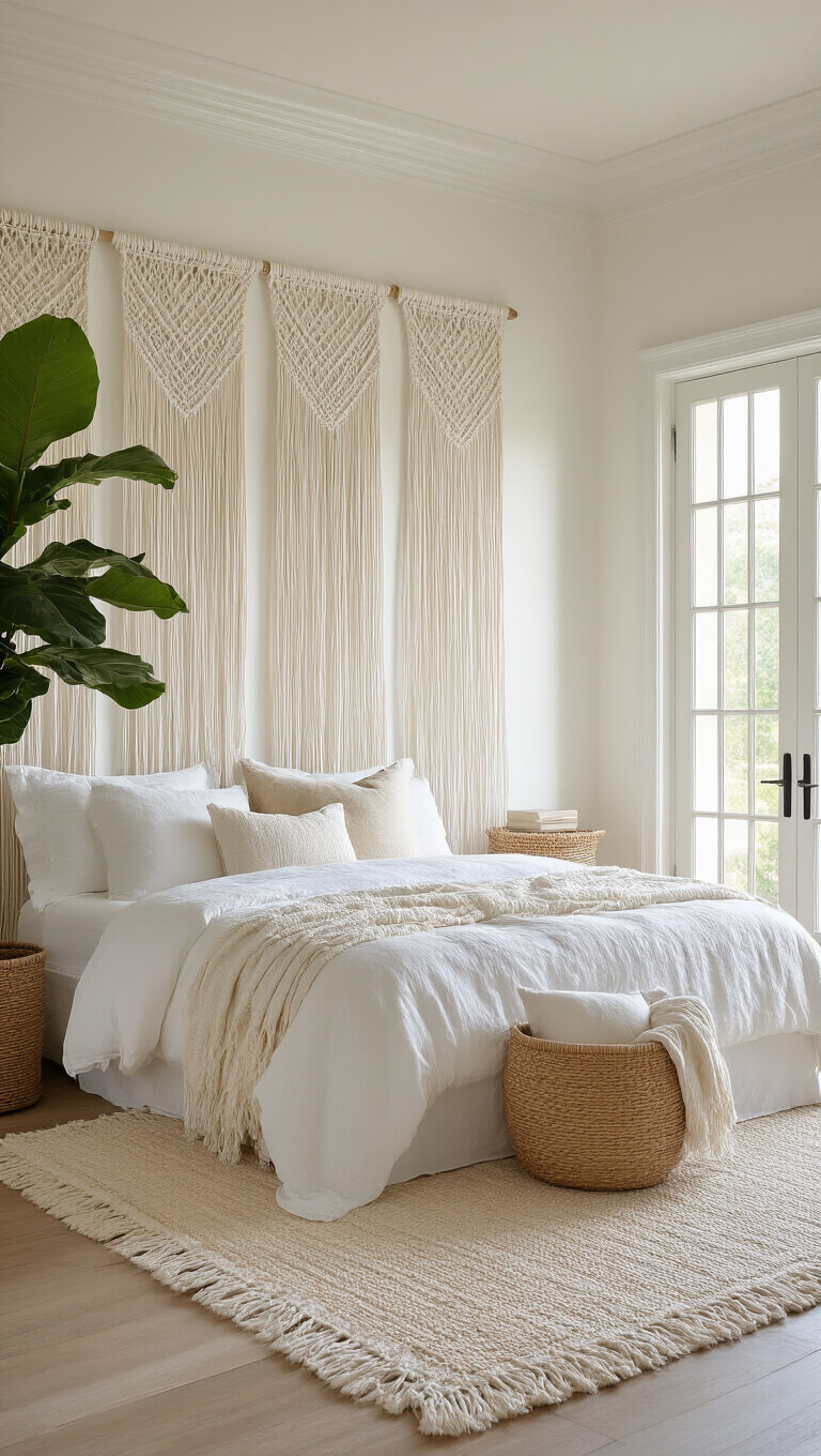 Cozy 12x14ft bedroom with layered white textiles, crown molding, and golden hour light through macramé panels; queen bed with neutral-toned pillows, jute and Moroccan rugs, and a fiddle leaf fig in a woven basket.