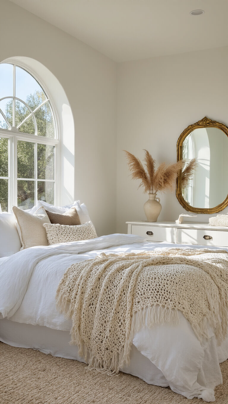 Vintage-modern white bedroom with California king bed, crochet throw, and antique brass mirror in mid-morning natural light.