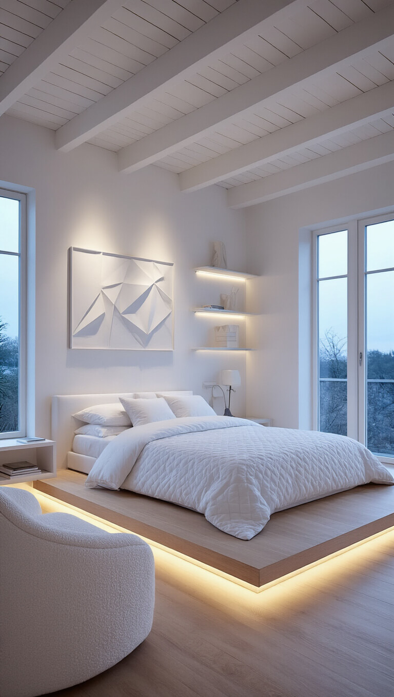 Minimalist white bedroom with exposed beams, platform bed, floor-to-ceiling windows at dusk, floating shelves, and white bouclé chair under warm LED lighting.