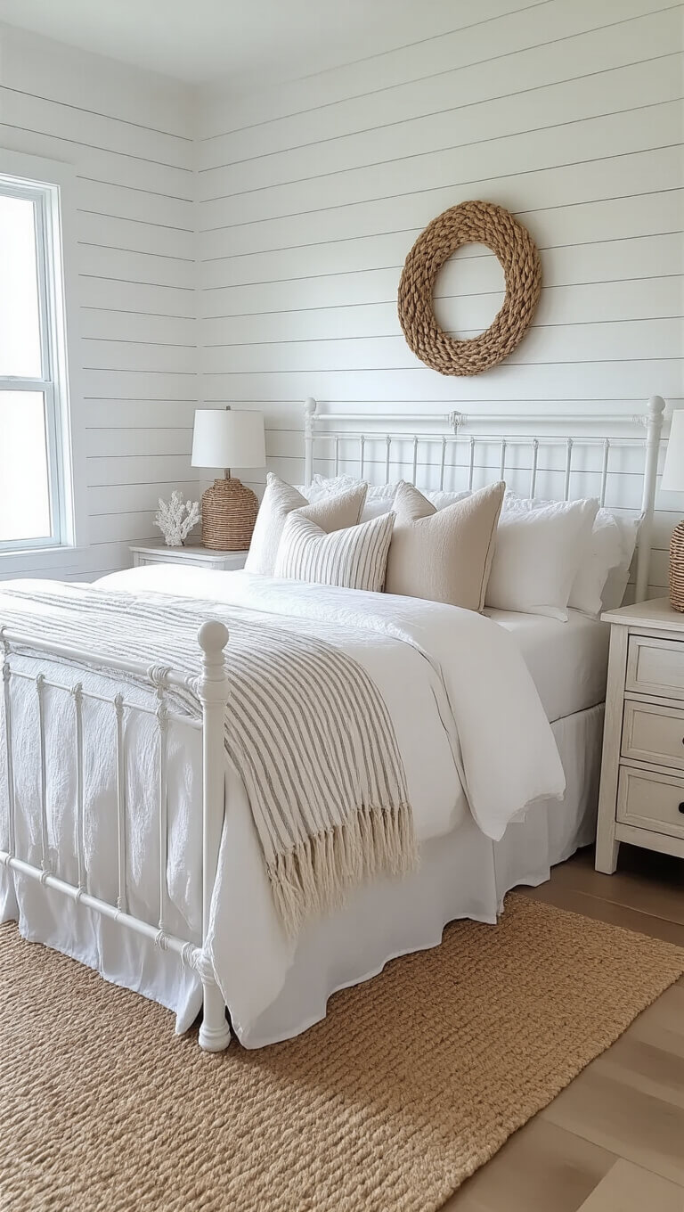 Coastal white bedroom with shiplap wall, iron bed, linen bedding, whitewashed furniture, and seagrass accents in soft morning light.