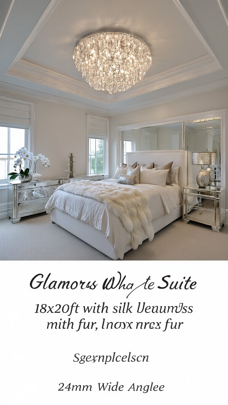 Luxurious white master bedroom with tray ceiling, king upholstered bed, mirrored nightstands, crystal chandelier, and dramatic evening lighting.