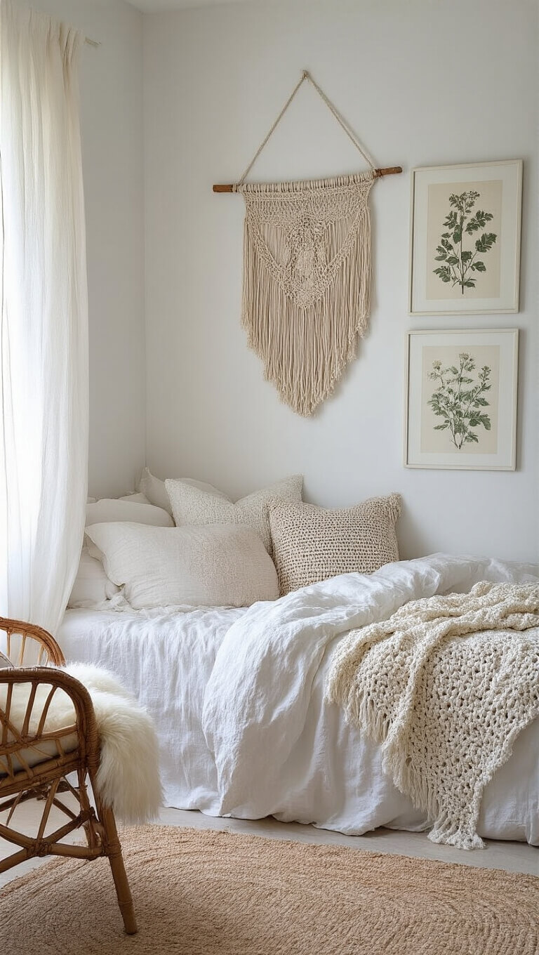 Bohemian-style bedroom with white linens, vintage decor, macramé wall art, and cozy reading nook bathed in soft natural light.