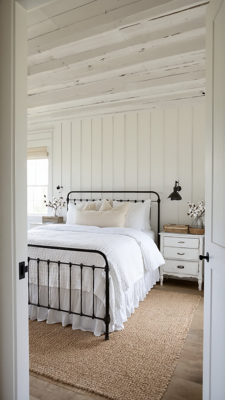 Modern farmhouse bedroom with white ceiling beams, iron bed with white bedding, distressed white furniture, metal accents, and warm golden hour lighting.