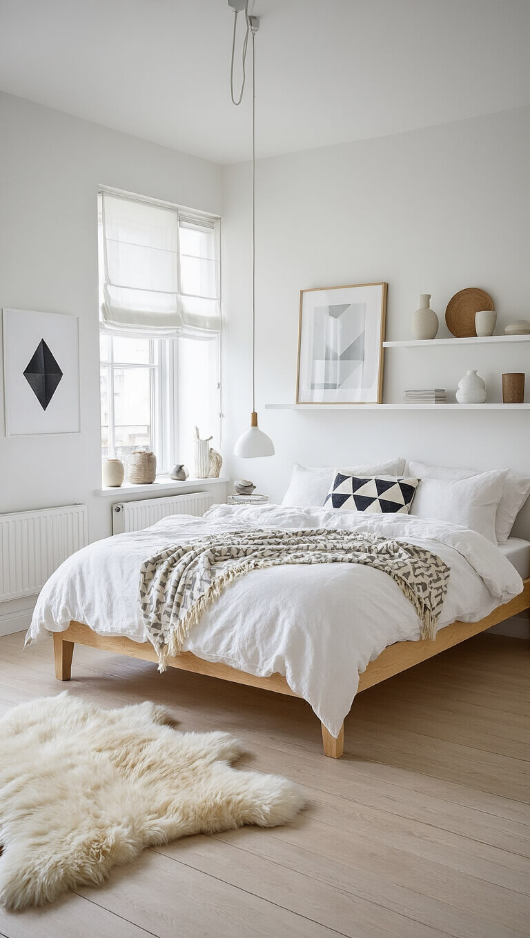 Scandinavian-style white bedroom with light wood bed, white linens, floating shelves, and sheepskin rug in bright natural light.