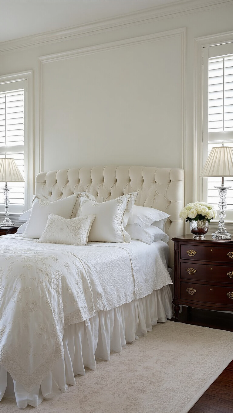 Elegant white formal bedroom with tufted king bed, damask bedding, crystal lamps on mahogany nightstands, and afternoon light through plantation shutters.
