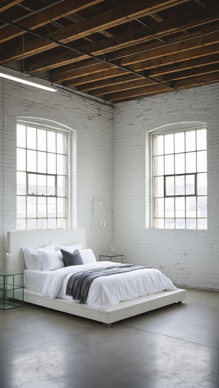 Industrial white loft with exposed brick, dramatic side lighting, platform bed, and minimalist modern furniture.