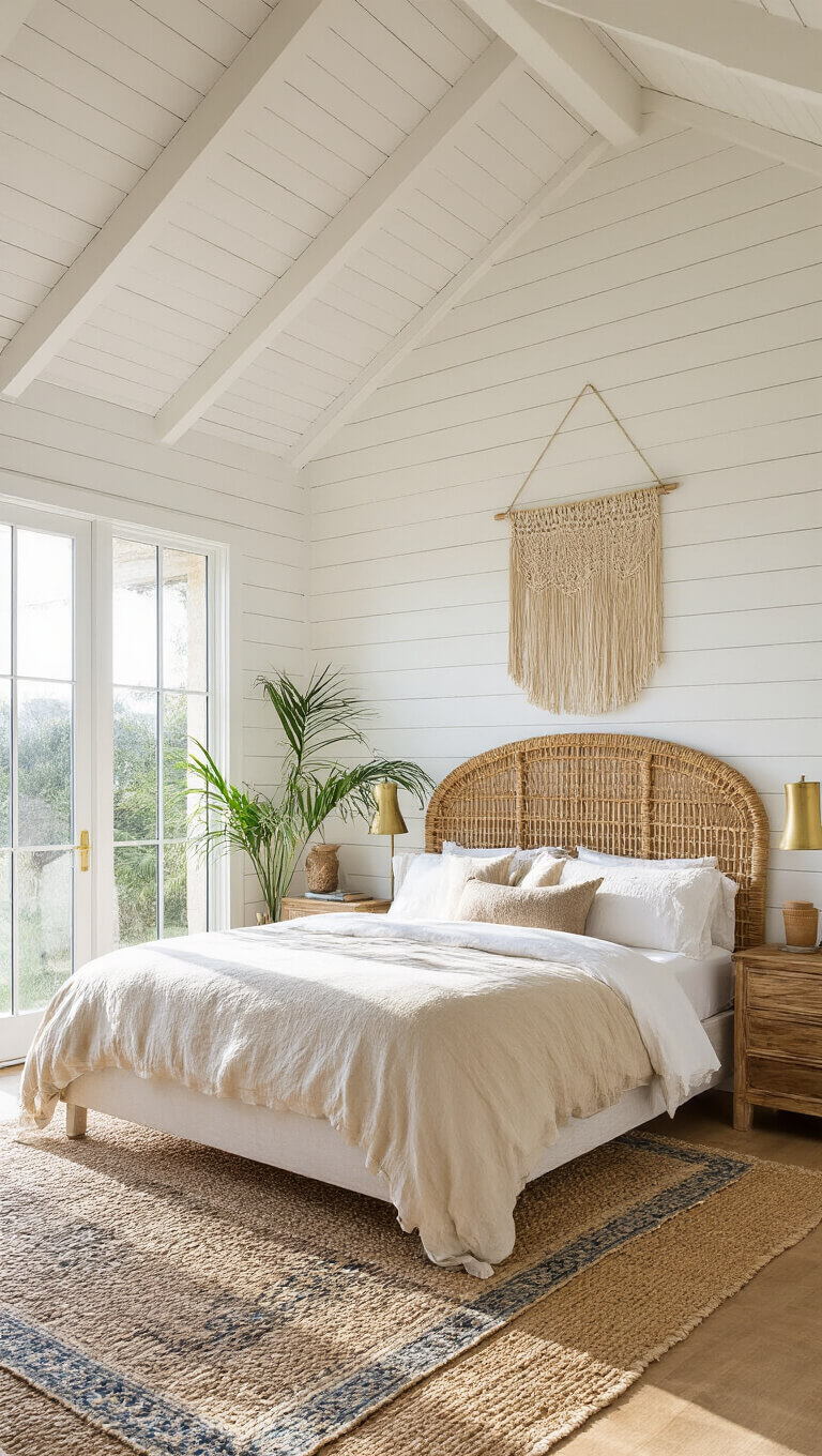Sunlit vaulted bedroom with rattan headboard, layered linen bedding, jute and Moroccan rugs, macramé wall hanging, and natural decor accents in warm, golden hour lighting.