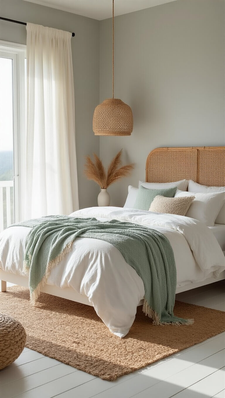 Coastal bedroom with whitewashed floors, queen bed with cane headboard, sea glass green accents, rattan pendant lights, and organic decor in soft morning light.