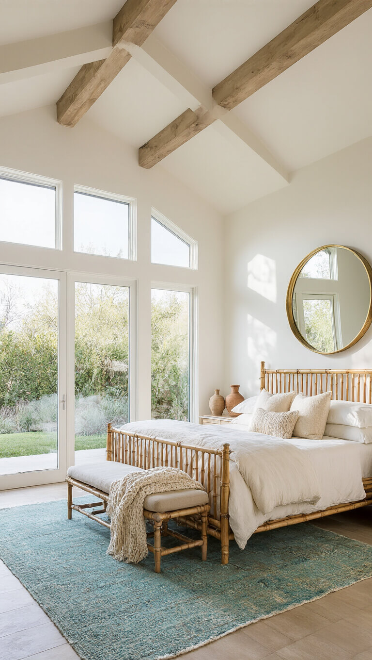 Airy 16x18ft master suite with bamboo California king bed, cream and sand bedding, architectural beams, panoramic windows, brass mirror reflecting garden, and layered textiles in natural tones.