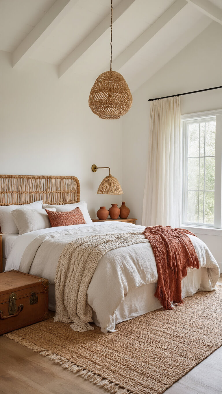 Boho-style 10x12ft bedroom with full bed, woven rope headboard, natural light through sheer curtains, terracotta-accented neutral bedding, rattan floor lamp, and vintage trunk nightstand with earthenware decor.