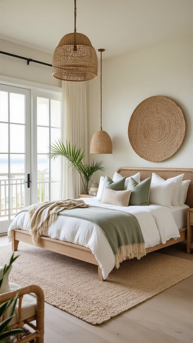 Coastal suite with platform bed, French doors to balcony, soft morning light, layered linens, rattan lights, and natural décor elements.