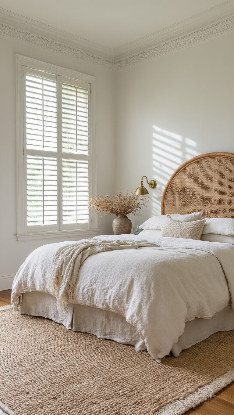 Serene 14x14ft Victorian bedroom with white moldings, rattan headboard bed in ivory linens, layered rugs, neutral decor, and warm brass lighting.