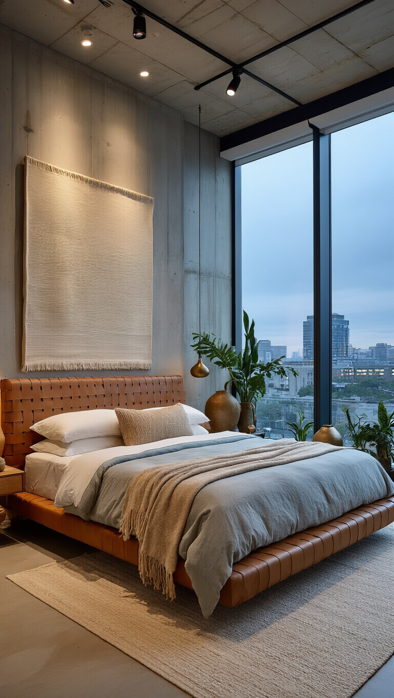Modern suite with king bed, exposed concrete ceiling, floor-to-ceiling windows, organic bedding, abstract textile art, and moody dusk lighting.
