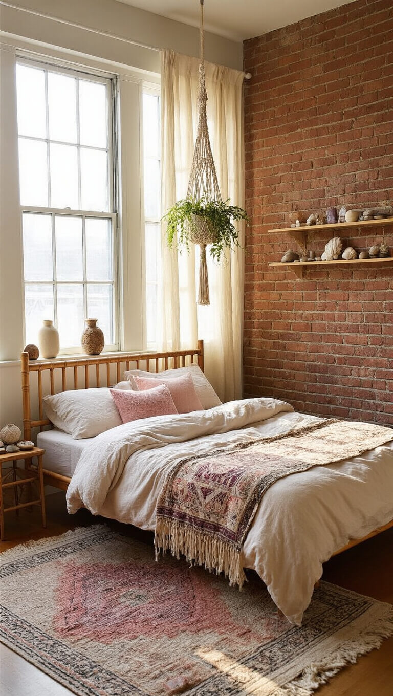 Cozy 11x13ft urban bedroom with brick accent wall, linen bedding in cream and shell pink on bamboo bed, Moroccan blanket, macramé plant hangers, and floating shelves displaying shells, crystals, and ceramics.