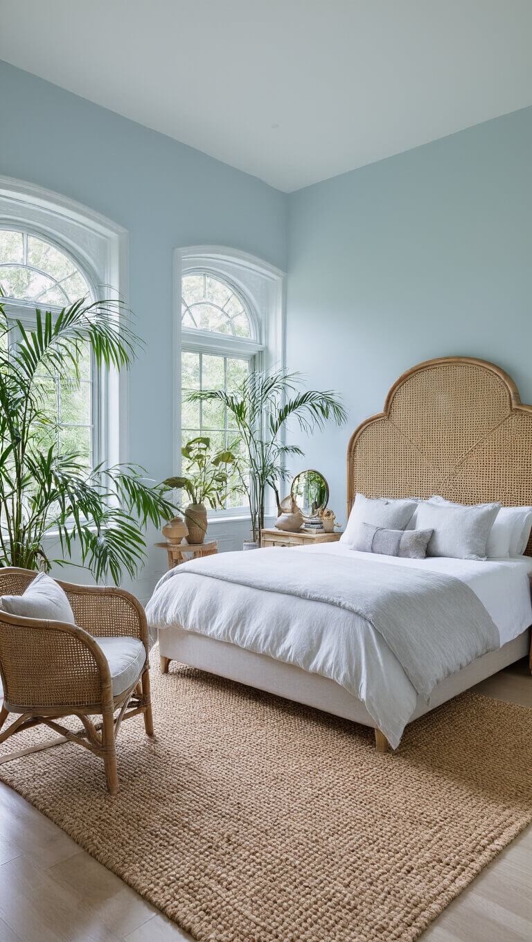 Light-filled corner bedroom with wraparound windows, queen bed with curved cane headboard, ivory and gray bedding, rattan reading chair, oversized jute rug, potted palms, and brass mirrors in twilight ambiance.