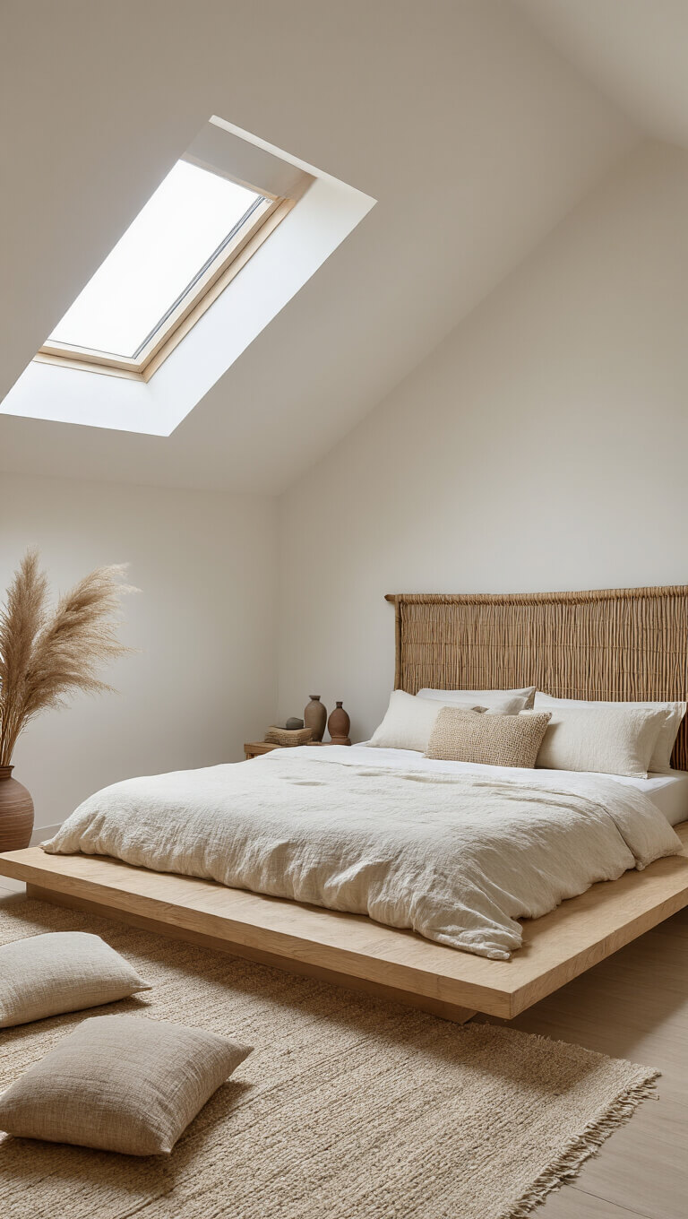 Minimalist 13x15ft bedroom with skylights, platform bed, Beni Ourain rug, meditation cushions, and pampas grass in a serene, light-filled space.