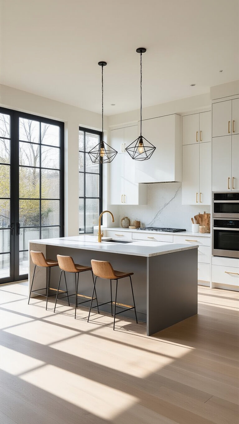 Minimalist open-concept kitchen with white cabinets, dove grey marble island, and morning light streaming through floor-to-ceiling windows.