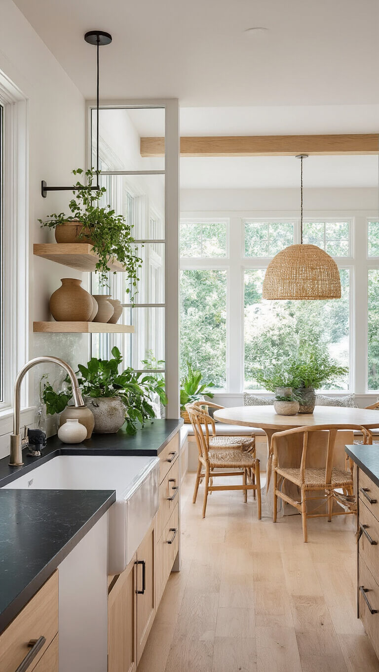 Wide-angle view of airy organic modern kitchen with rift-cut white oak cabinets, black granite counters, farmhouse sink, steel-framed glass partition, and warm woven pendant lighting.