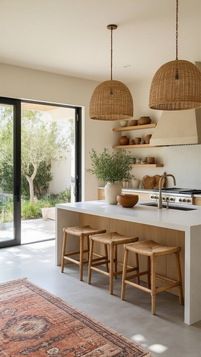 California casual modern kitchen with bleached oak cabinets, oversized rattan pendants, living herb wall, and sliding doors opening to patio.
