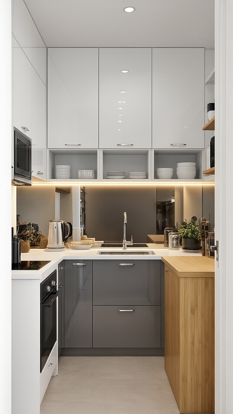 Compact urban micro kitchen with vertical storage, glossy white upper cabinets, warm grey lowers, slim integrated appliances, mirrored backsplash, bamboo floating breakfast bar, and LED strip lighting.