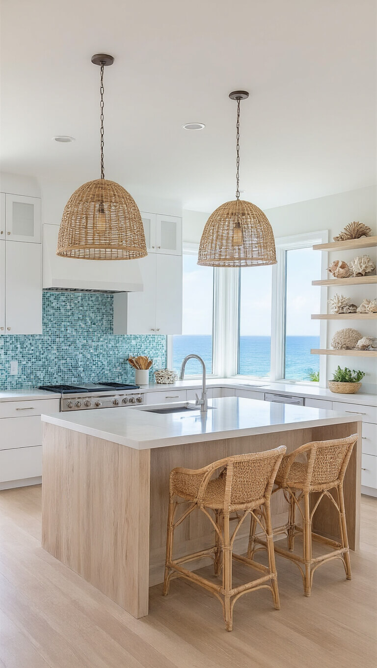 Coastal contemporary kitchen with ocean views, white high-gloss cabinets, sea-toned glass backsplash, bleached wood island, rattan lights, and coral decor on open shelves.