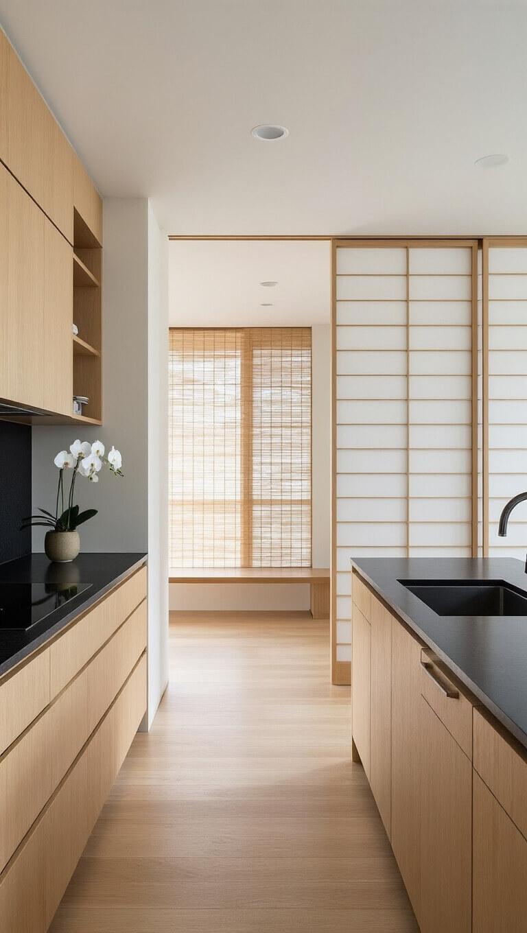Minimalist Japanese kitchen with white oak cabinets, black granite countertops, Shoji screen doors, a single orchid, and bamboo window shades in soft, diffused lighting.