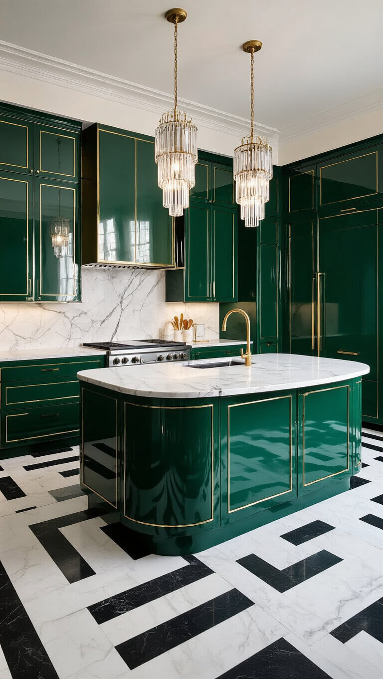 Art Deco modern kitchen with emerald green cabinets, brass inlays, marble island, mirrored backsplash, crystal pendants, and checkerboard floor.