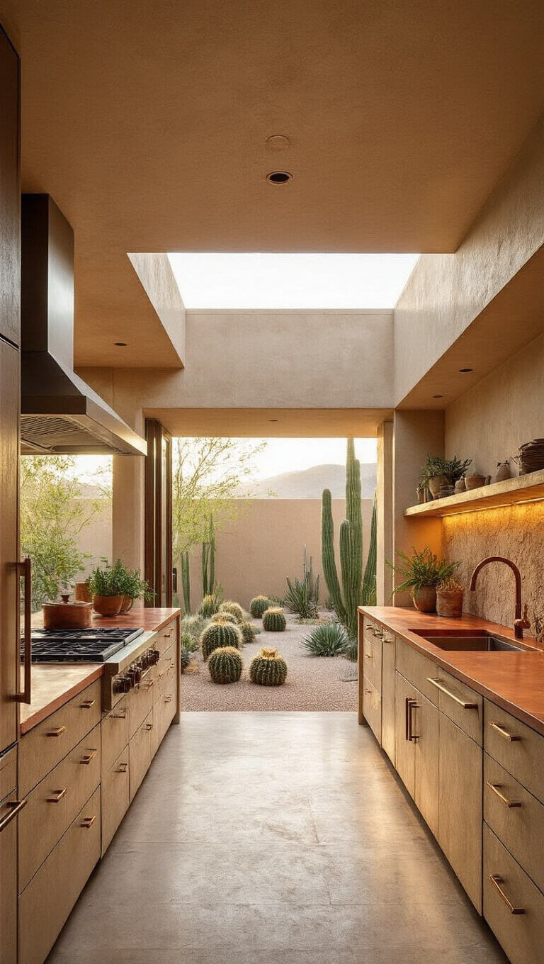 Desert modern kitchen with sand-toned concrete cabinets, copper countertops, limestone backsplash, and skylight, opening to cactus-lined courtyard at golden hour.