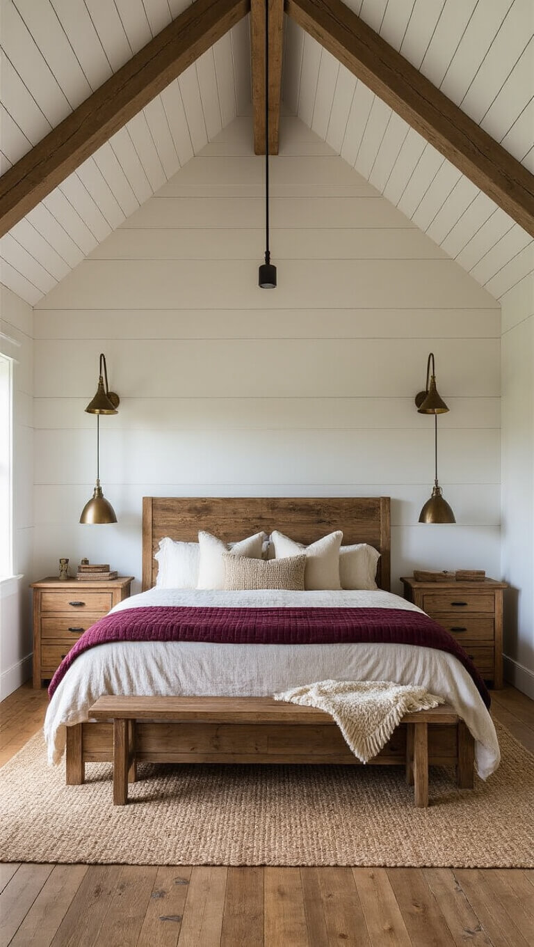 Sunlit rustic cabin bedroom with a reclaimed wood king bed, ivory linens, burgundy quilt, chunky knit throw, and bronze-lit oak nightstands under cathedral ceiling with exposed beams.
