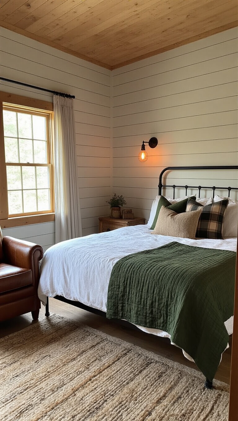 Cozy dusk-lit cabin bedroom with queen bed against greige shiplap walls, layered bedding, Edison sconces, and vintage leather armchair in reading nook.