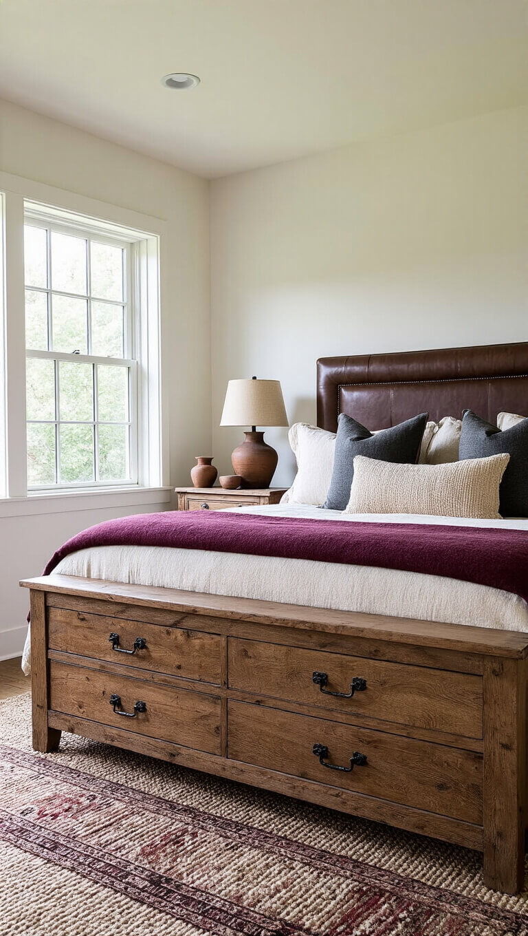 Morning light illuminates a rustic master cabin bedroom with timber bed, layered textiles, antique pine dresser, and vintage rug on Berber carpet.