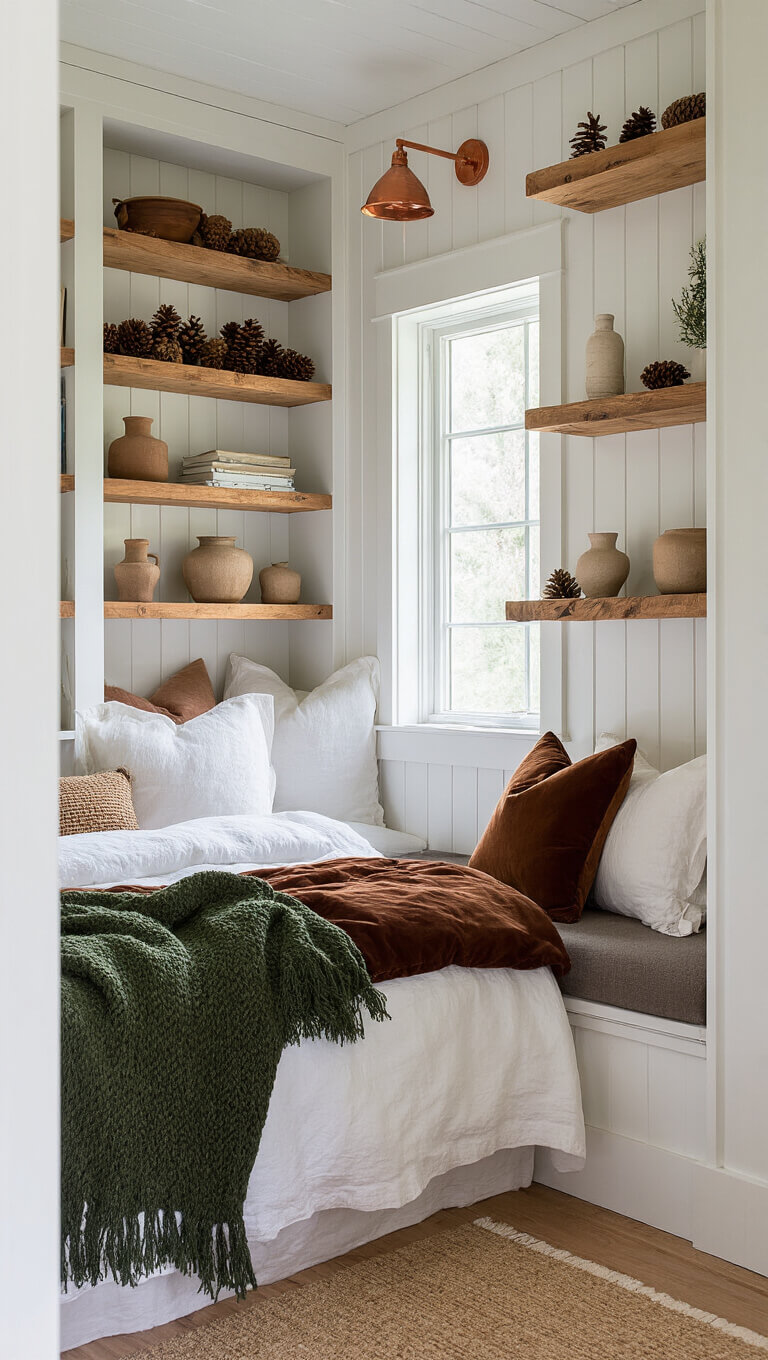 Cozy cabin bedroom with queen bed, window seat framed by bookshelves, warm lighting, and natural decor accents.