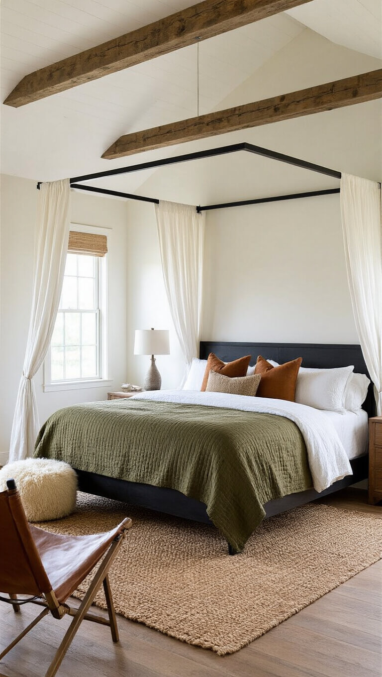 Luxe cabin bedroom with canopy bed, layered bedding, jute rug, leather chair, and sheepskin pouf in warm late afternoon light.