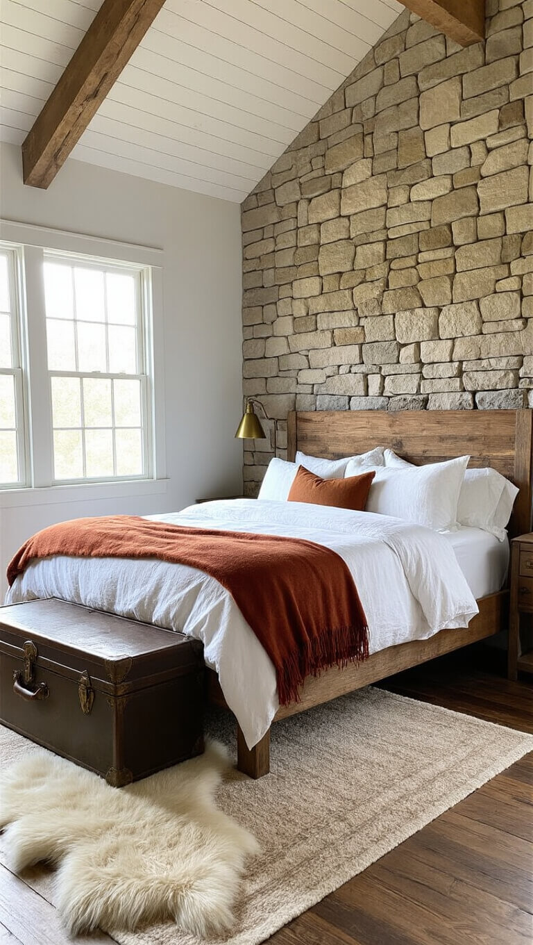 Rustic cabin bedroom with dawn light illuminating a distressed wood bed, stacked stone accent wall, vintage trunk nightstand, and faux fur rug on hardwood floors.